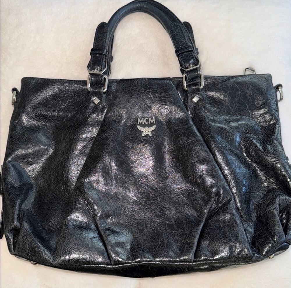 MCM Black Y2K Crinkled Grained Leather Pleated Satchel Handbag Tote